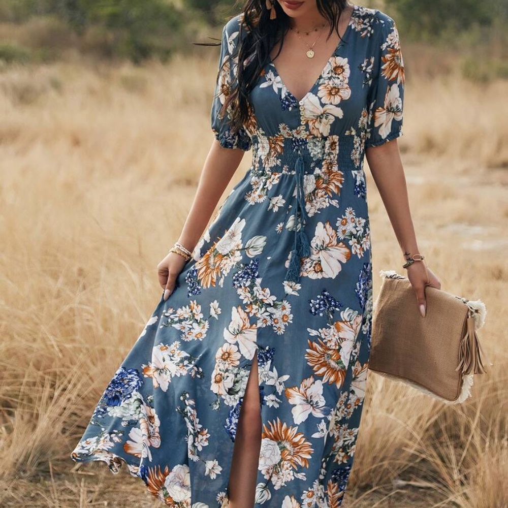 boho floral print vneck slit black midi dress Blue - Picture 8 of 11